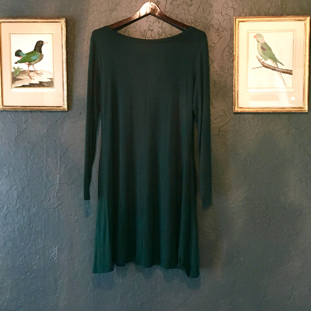 Green Long Sleeve Pocket Casual T-Shirt Dress